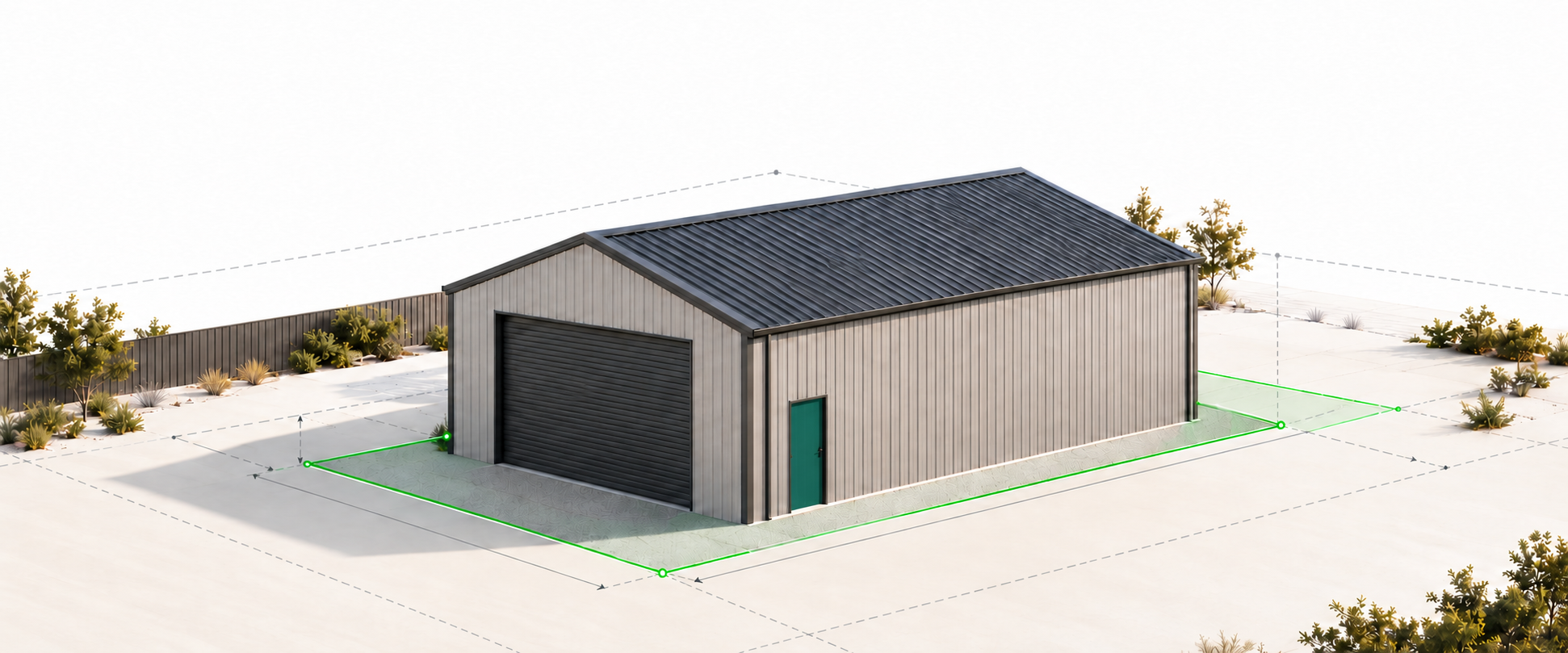 Illustration of a contemporary shed positioned on a site plan with a green footprint and boundary guides.